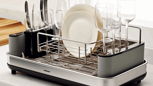 Is the Simplehuman dish drainer rack safe to clean in the dishwasher